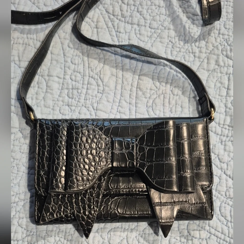 Betsey Johnson Black Croc-Patterned Wristlet
